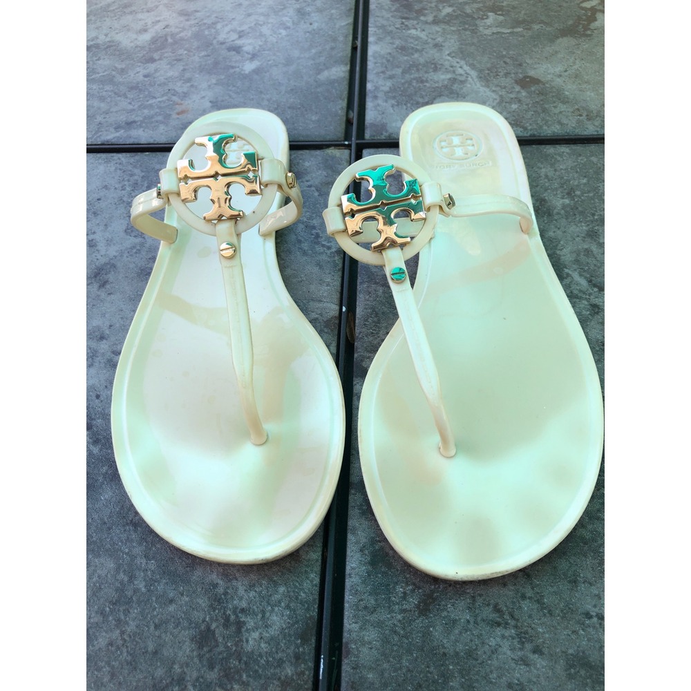 Tory Burch Miller Jelly Thong Sandals Cream Gold Logo Flip Flops Womens 9